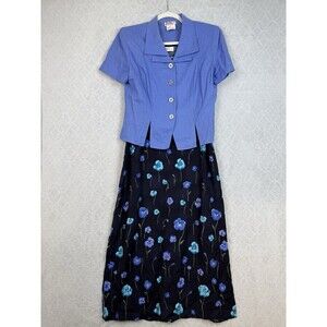 Vtg R&K 2-Piece Maxi Dress Set 8 Petite Blue Floral Linen Cottage Grandma 90s
